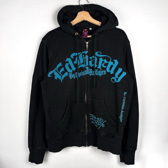 Vintage Ed Hardy Full Zip Hoodie Sweatshirt Faded Black Grunge Goth Emo Y2K - Picture 1 of 16